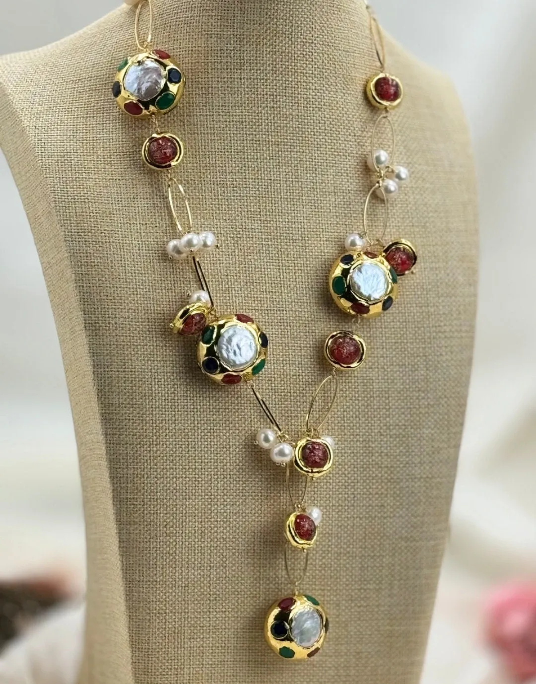Natural multi color keshi pearl  murano glass bead pearl necklace